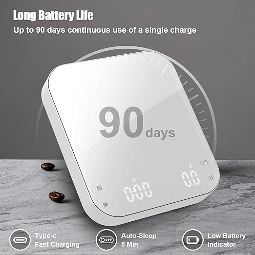 5.9" Rechargeable Coffee Scale with Timer, Diyife Portable Digital Coffee Scale, 3kg/0.1g Accurate Scale for Espresso and Pour-Over Coffee, Dual Timekeeping Modes, 6 Units, LCD Display, White
