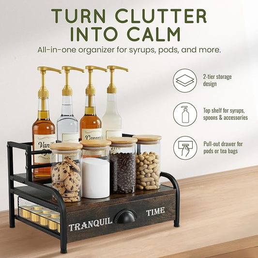 Coffee Syrup Rack Organizer – 3-Tier Coffee Bar Stand for Countertop, Rustic Wood & Metal Bottle Display Shelf with Coffee Pod Drawer, Wine Rack, Liquor Display Shelf for Home Coffee Station