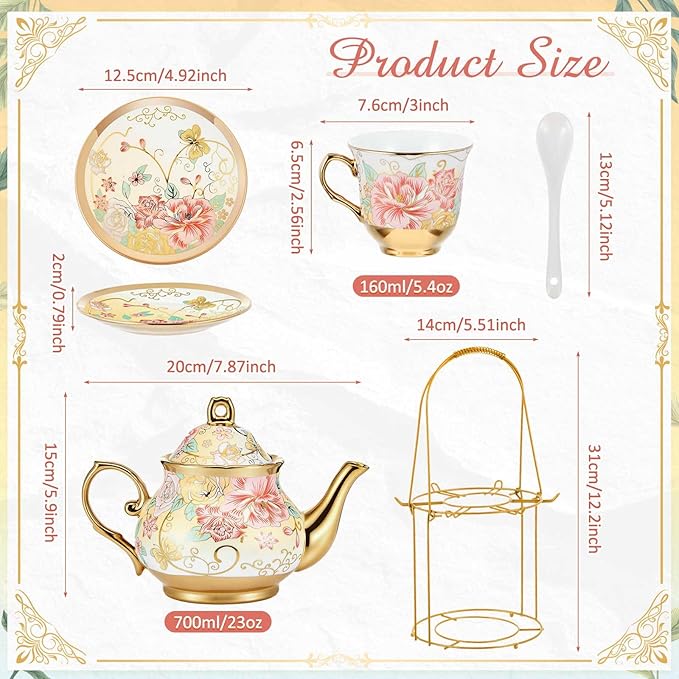 Zhehao 20 Pcs Porcelain Tea Set with Metal Holder and Spoon Adult Ceramic Tea Set European Flower Painting Teapot Cup Saucer Spoon for Women, Large Version(Gorgeous Style)
