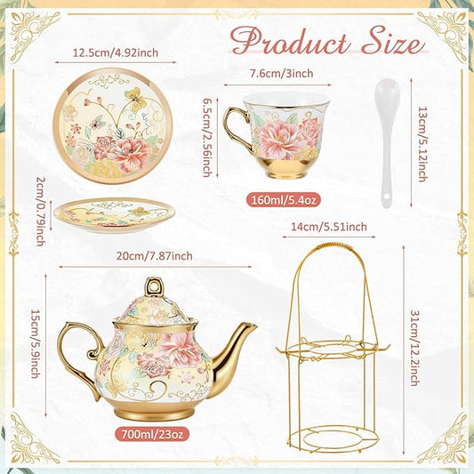 Zhehao 20 Pcs Porcelain Tea Set with Metal Holder and Spoon Adult Ceramic Tea Set European Flower Painting Teapot Cup Saucer Spoon for Women, Large Version(Gorgeous Style)