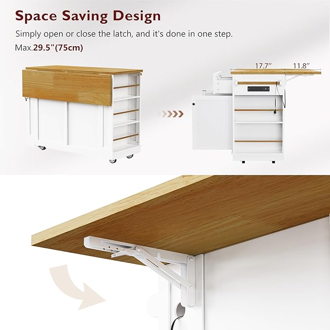 Rolling Kitchen Island with 2 Bar Stools, Drop Leaf & Power Outlet, Large Kitchen Islands Cart on Wheels, Movable Kitchen Island with 5 Open Shelves & Towel Rack for Kitchen, Dining Room, 48″, White