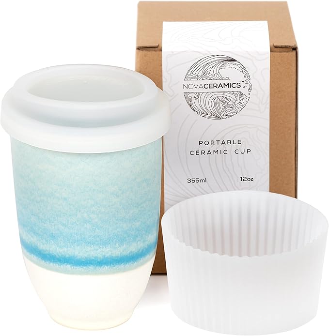 NOVA CERAMICS Travel Mug - Portable Coffee To Go Mug Microwave & Dishwasher Safe Coffee Cups Reusable - Gifts For Women Men Him Her 12oz - Lagoon