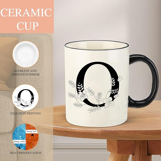 Monogram Ceramic Coffee Mugs, 11 oz Initial Drinking Cup with Gift Box, Unique Birthday Valentines Day Gifts for Women Wife Mothers Day Grandma Mom Aunt, O