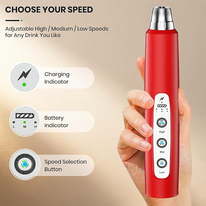Milk Frother Handheld Rechargeable with Stand, Frother Wand Drink Mixer Electric Whisk for Coffee, Detachable With 3 Stainless Whisks, Hand Mixer for Lattes, Cappuccino, Matcha, Egg, Red
