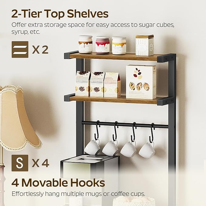 Bakers Rack, 5-Tier Coffee Bar Station, Coffee Stand with Pod Drawer Holder, Versatile Kitchen Storage Rack with 4 Hooks, for Living Room, Cafe Corner, Rustic Brown and Black KF01BRY1