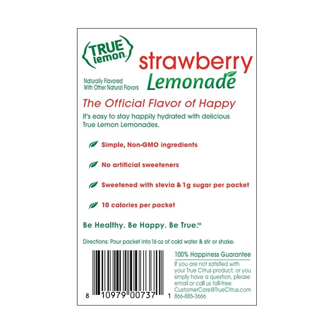 True Citrus True Lemon Strawberry Lemonade Drink Mix, Made from Real Lemons, Low Calorie, Low Sugar, Lemonade Drink Mix, 1.06 oz, 10 Count (Pack of 24)