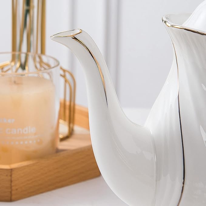 tea pot ceramic with lid, 38.8 Oz for Tea, Milk, Coffee, Flower tea(White with gold thread)