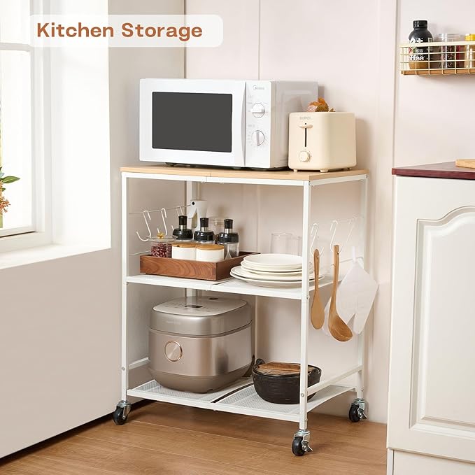 Rolling Kitchen Microwave Cart, 3 Tier Microwave Stand with Storage, Small Kitchen Island on Wheels, Wood and Mental Kitchen Shelf Rack, White Organizer for Living Room, Office, Balcony