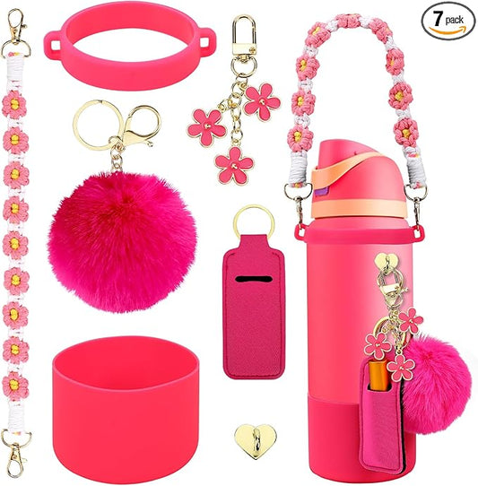 Compatible for Owala Accessories Bundle: Silicone Boot for 24oz & 32oz Bottles, Charms, Handle, Strap, Rubber Bottoms, and Decorative Add-ons for Your Compatible for Owala Water Bottle, Hot Pink