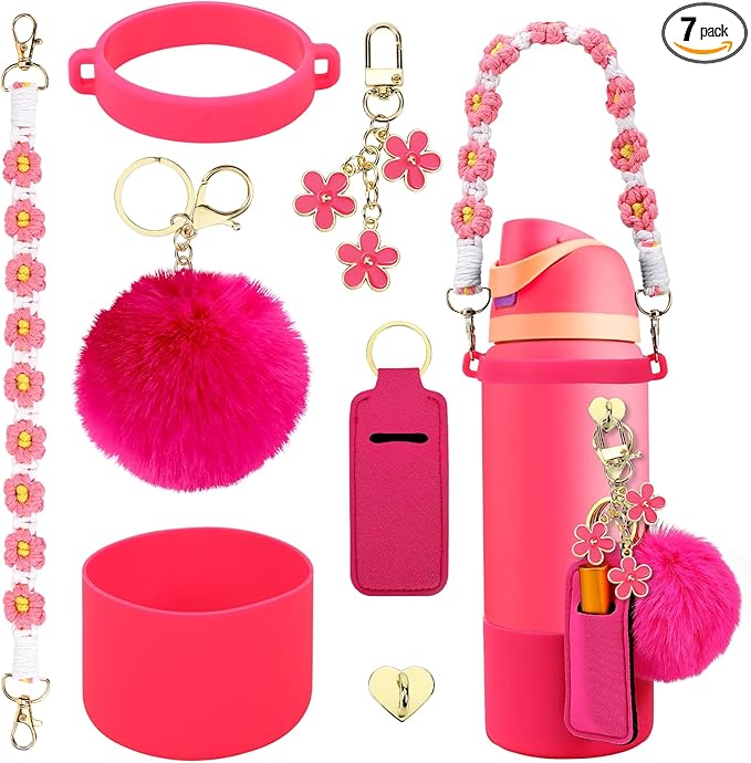 Compatible for Owala Accessories Bundle: Silicone Boot for 24oz & 32oz Bottles, Charms, Handle, Strap, Rubber Bottoms, and Decorative Add-ons for Your Compatible for Owala Water Bottle, Hot Pink