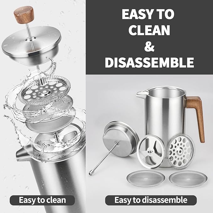 shoxil French Press Coffee Maker, 34oz Stainless Steel Coffee Press Real Wood Handle, Double Wall Insulated French Coffee Press with Dual-Filter Screen, Perfect for Camping & Kitchen Use