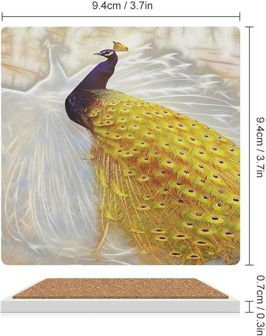 Square-6PCS Peacock Drink Coasters, Square Modern Ceramic Absorbent Coasters, Vintage Style Beautiful Gold White Peacock Decor Desk Coffee Table Coaster for Beverage Cup Tea Coasters
