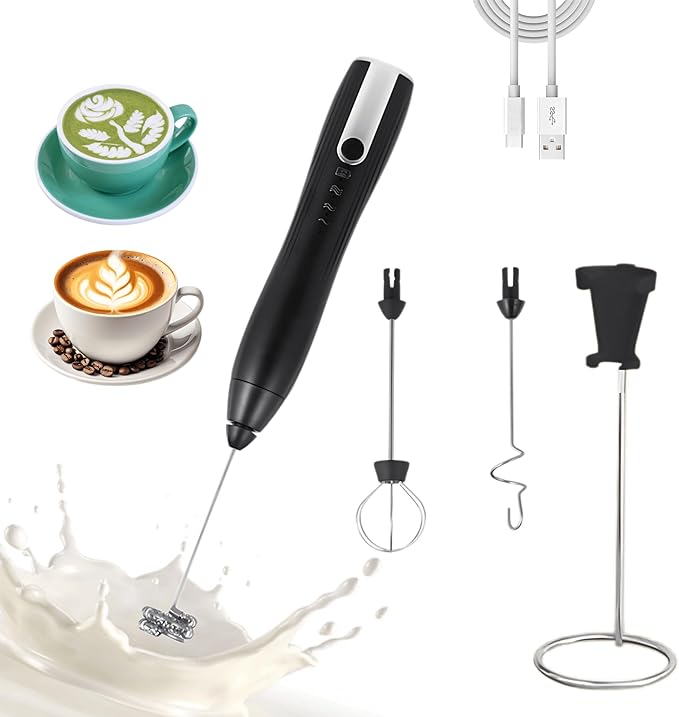 Rechargeable Milk Frother Handheld,Kitchen Essentials Hand Mixer with 3 Stainless Whisks Heads,Electric Whisk Frother for Latte, Cappuccino,Matcha, Egg, Milk Powder,with Stand (black)