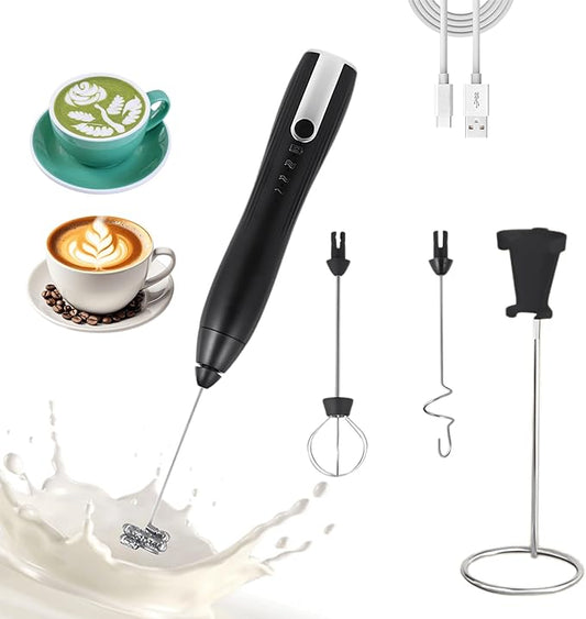 Rechargeable Milk Frother Handheld,Kitchen Essentials Hand Mixer with 3 Stainless Whisks Heads,Electric Whisk Frother for Latte, Cappuccino,Matcha, Egg, Milk Powder,with Stand (black)