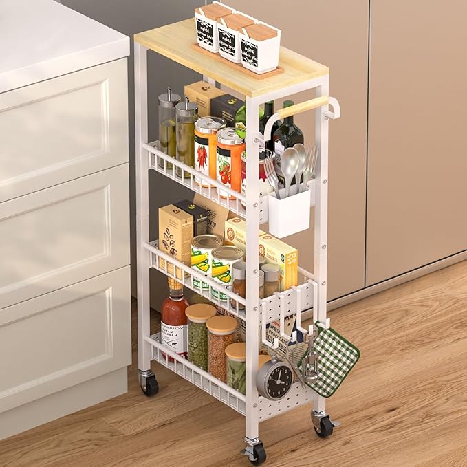 Slim Rolling Storage Cart, 4 Tier Small Organizer Cart with Wheels, Metal Utility Shelf Kitchen Bathroom Laundry Room Organization Trolley with Handle for Narrow Space (9.1" Overall Width)