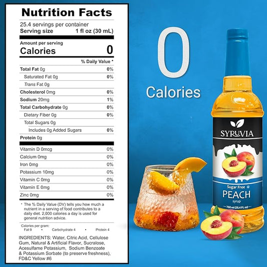 Syruvia Sugar-Free Peach Syrup, Flavored Syrup for Drinks, Cocktails, Lemonades, Iced Teas, and Desserts – 25.4 fl oz, With Pump