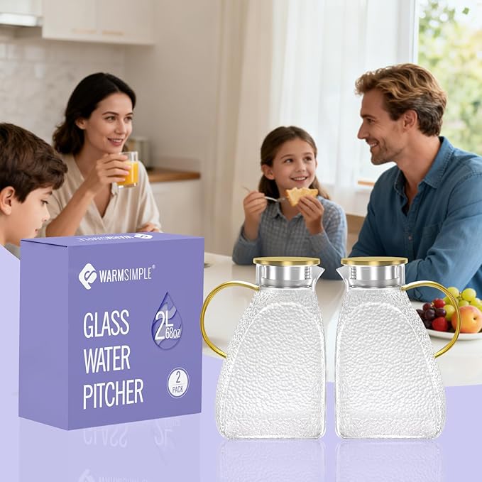 2 Pack Glass Pitcher With Handle And Lid, Large 2 Liter Glass Water Pitcher For Fridge, 68oz glass Tea pitcher Hot And Cold Iced Juice Coffee Milk, Jug Carafe For Beverages Drink