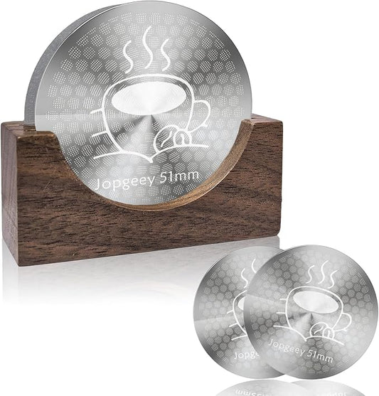 2 Pack 51mm Espresso Puck Screen with Stand, 0.9mm 150μm Ultra Thin Reusable Coffee Filter Compatible with Breville Barista 51mm Portafilter Basket, 304 Stainless Steel Espresso Machine Accessories