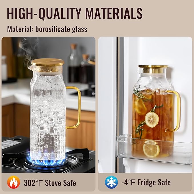 2 Pack 2 Liter/68 oz Square Glass Pitcher with Lid, Classic Stripes Water Pitchers with Handle for Fridge, Large Jug for Iced Tea, Coffee, Borosilicate Glass Carafe for Hot/Cold Brew Drink, Gold