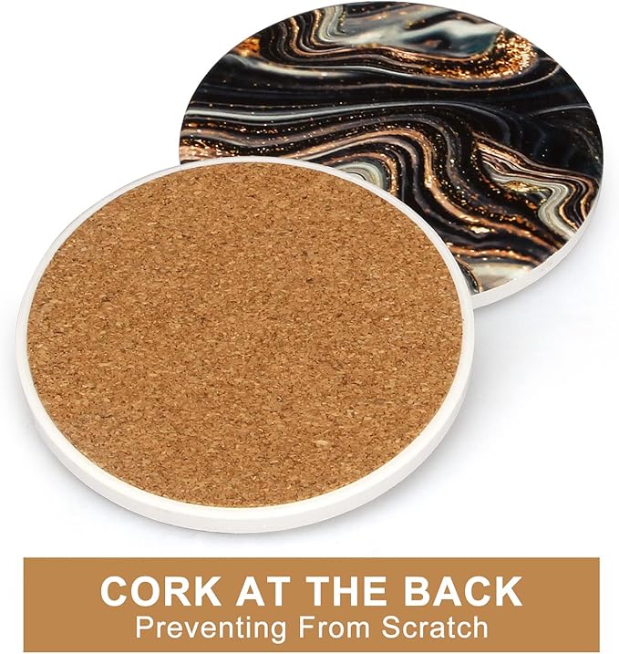 6 Pcs Black and Gold Marble Coasters with Holder Best Round Absorbent Coasters for Drinks, Coffee, Beer, Table Marble Personalized Coaster Sets
