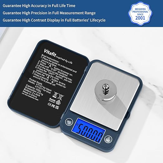 Vitafit 500g Digital Pocket Scale,High Accuracy Assured by Scale Professional Factory Since 2001, Gram Scale 0.01g for Multifunction: Lab,Food, Kitchen,Coffee,Jewelry; Blue