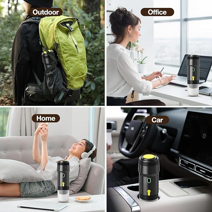 LumoShine Portable Electric Espresso Machine,Travel Coffee Maker for Camping,Car Coffee Maker Self-Heating with USB-DC, Compatible with Ground Coffee & Capsule for Hiking,Office,RV (Black)