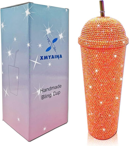 24oz Bling Cup Handmade Rhinestones Studded Tumbler Double Wall Insulated Plastic Reusable Water Bottle with Lid and Straws for Home Office Party Beach(Orange)