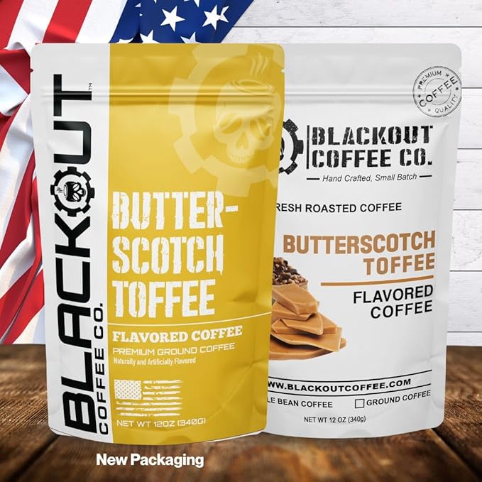 Blackout Coffee Butterscotch Toffee Flavored Ground Coffee – Medium Roast, Smooth Taste, Guilt-Free Indulgence – Freshly Roasted 12oz Pouch.