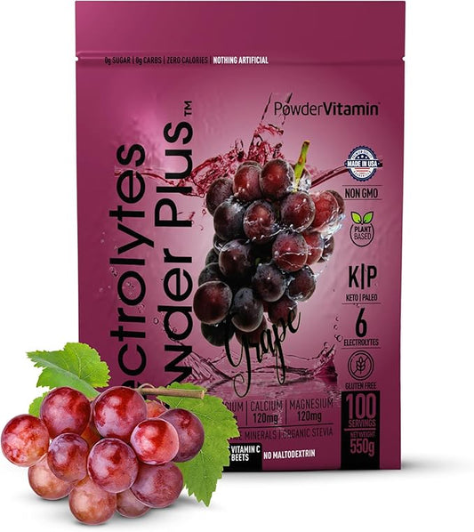 PowderVitamin Electrolytes Powder Plus (100 Servings) Grape Electrolyte Powder Zero Calorie Keto, 0 Sugar, No Maltodextrin,1000mg Potassium,120mg Calcium,120mg Magnesium, Hydration Powder