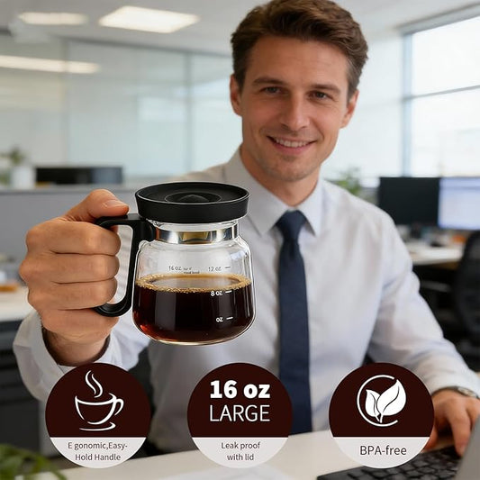 16 Oz Glass Coffee Pot Mug, Mini Coffee Pot Cup, Novelty Heatproof Large Capacity Clear Cup with Handle & Spill Proof Lid, Comes Straw & Coasters, Talk About for Coffee Lovers & Office Desk