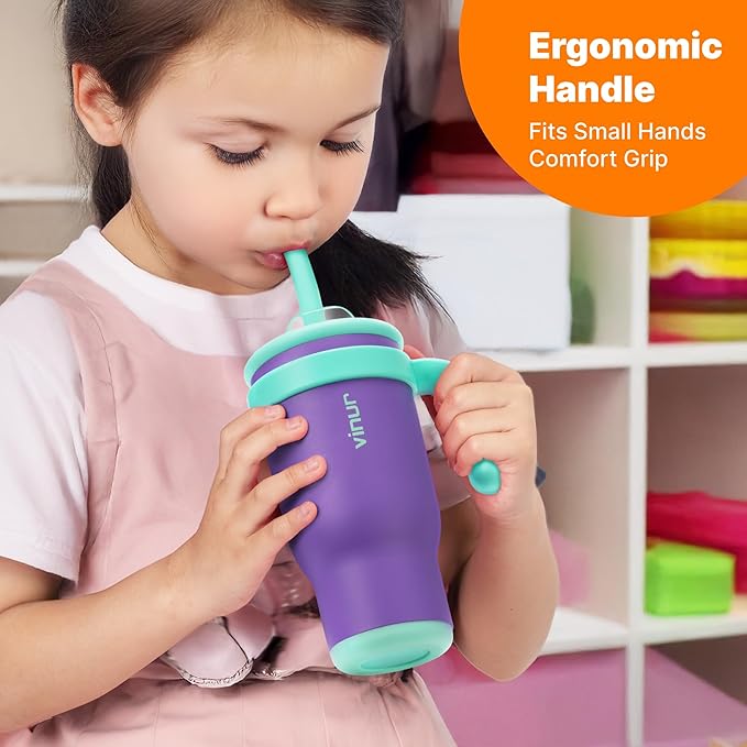 VINUR Insulated Tumbler with Handle 17 oz Stainless Steel Double Wall Vacuum Tumbler Travel Water Cup with Lid and Straw(Purple Pink-Purple)
