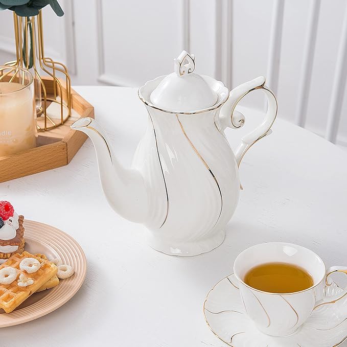 tea pot ceramic with lid, 38.8 Oz for Tea, Milk, Coffee, Flower tea(White with gold thread)