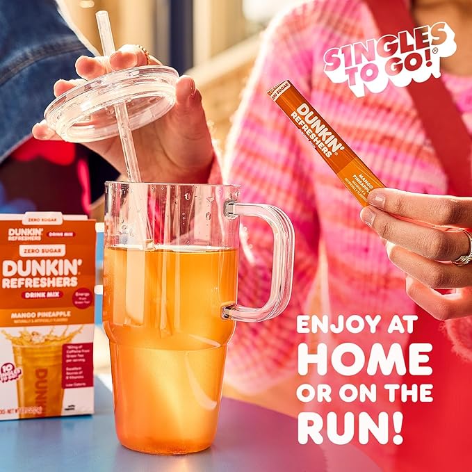 Dunkin’ Refreshers Singles To Go! Powdered drink mix packets, Peach Passionfruit Lemonade,10 packets per box Energy from Green Tea, aspartame-free, no synthetic colors, naturally and artificially flavored, just add water