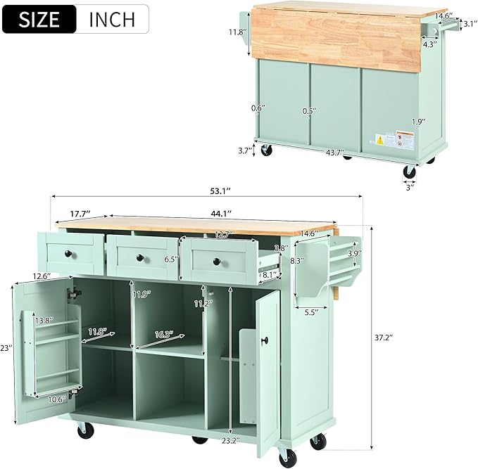 Yayzy Rolling Kitchen Island with Drop Leaf & Cabinet Door Storage Racks, 53” Kitchen Cart with 3 Drawers, Rubberwood Top, Locking Wheels, for Kitchen and Dining Room, Mint Green
