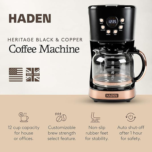 HADEN Coffee Machine, 12 Cup Programmable Drip Coffee Maker with Auto Shut-Off Function and Reusable Washable Water Filter, Black & Copper