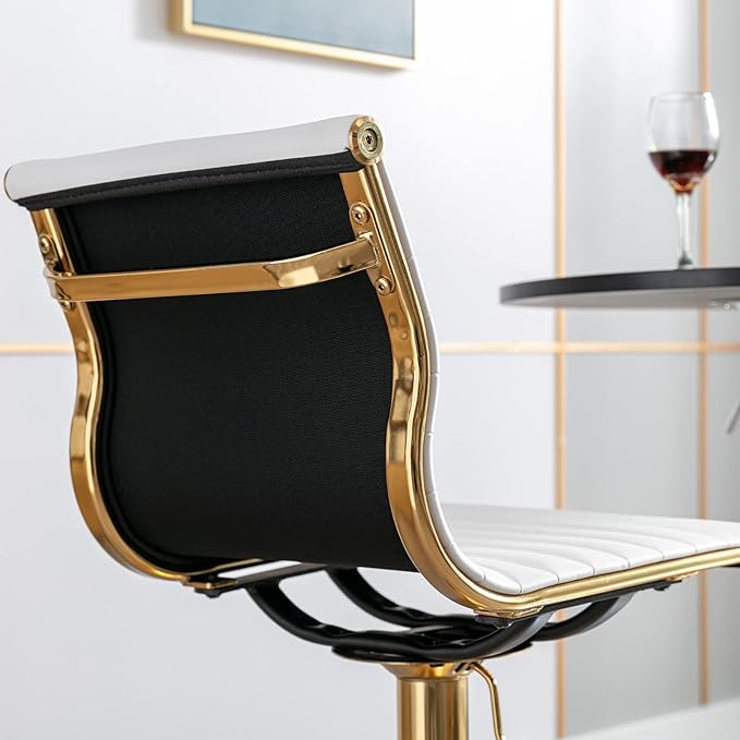 White Barstools Bar Height Set of 3 Adjustable Faux Leather Counter Height Bar Stool Chair with Back for Kitchen Island Breakfast Bar (White with Gold Base, 3 Pack)