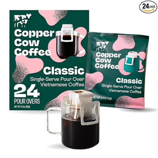 Copper Cow Coffee Premium Pour Over Single-Serve Vietnamese Coffee Pouches (24 pack) | Classic Black | Dark Roast | Convenient Vietnamese Ground Coffee Packets, Travel Friendly