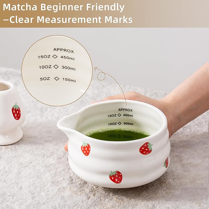 5pcs Premium Matcha Set,Ceramic Bowl with Spout and Bamboo Whisk set, Ceremonical Matcha Kit for breakfast/latte,Tea Starter Making Kit,Unique Matcha Gift set (strawberry)