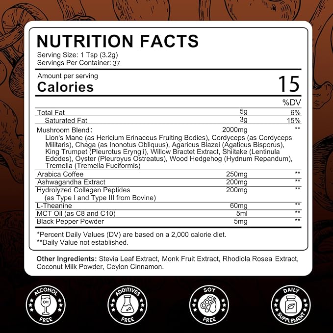 Catfit Instant Mushroom Coffee Powder, 10-in-1 Adaptogen Blend with Lion's Mane, Chaga & Cordyceps for Energy, Focus, Gut Health & Immune Support - 320g, 100 Servings
