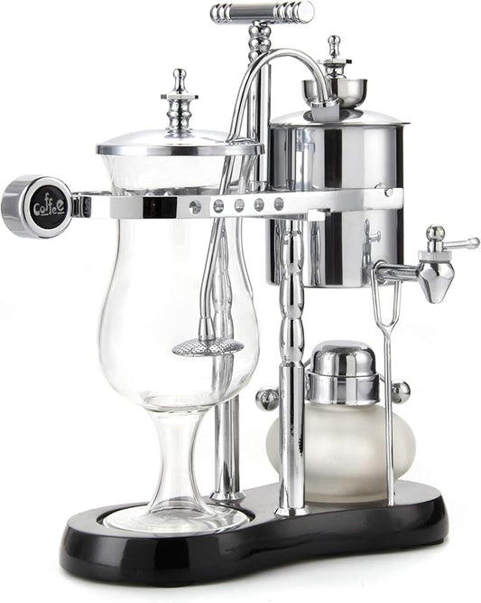 Diguo Belgian/Belgium Luxury Royal Family Balance Siphon/Syphon Coffee Maker. Elegant Double Ridged Fulcrum with Tee handle (Classic Silver)