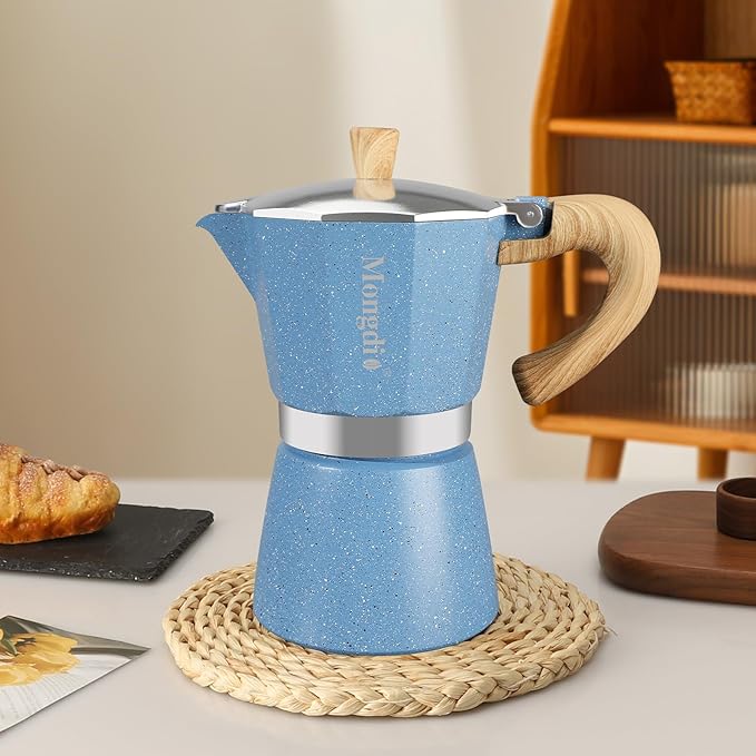 Mongdio Stovetop Espresso Maker Moka Pot, Cuban Coffee Maker Stove top coffee maker Moka Italian Espresso Greca Coffee Maker Brewer Percolator, 6 Espresso Cups, 10 oz - Blue