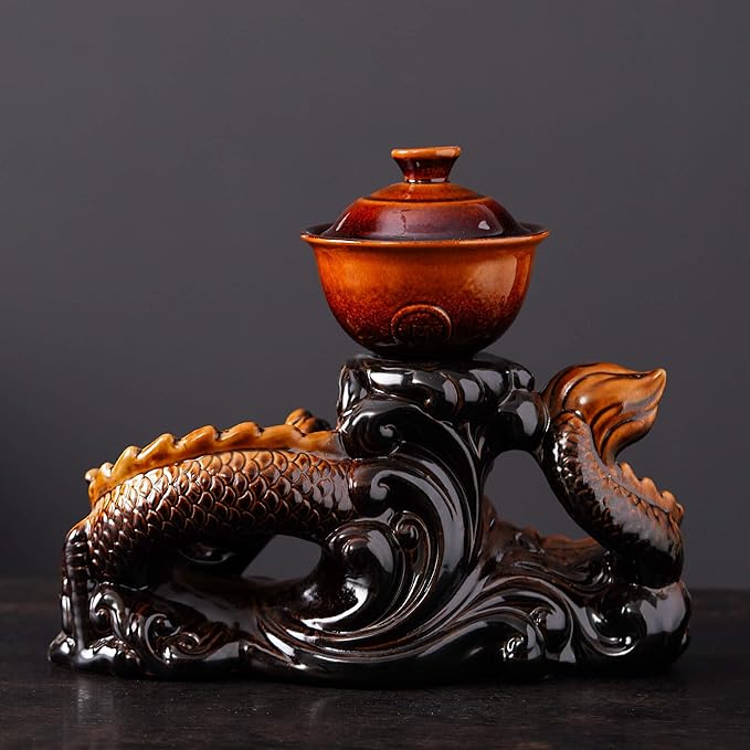 Semi Automatic Tea Set Ceramic Teapot with Infuser Magic Teapot with 8 cups (Yellow Dragon-D)