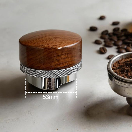53mm Espresso Coffee Distributor - Adjustable Height 5-15mm, Walnut Wood Lid & 304 Stainless Steel Base, Compatible with Breville 54mm Portafilter for Coffee Enthusiasts
