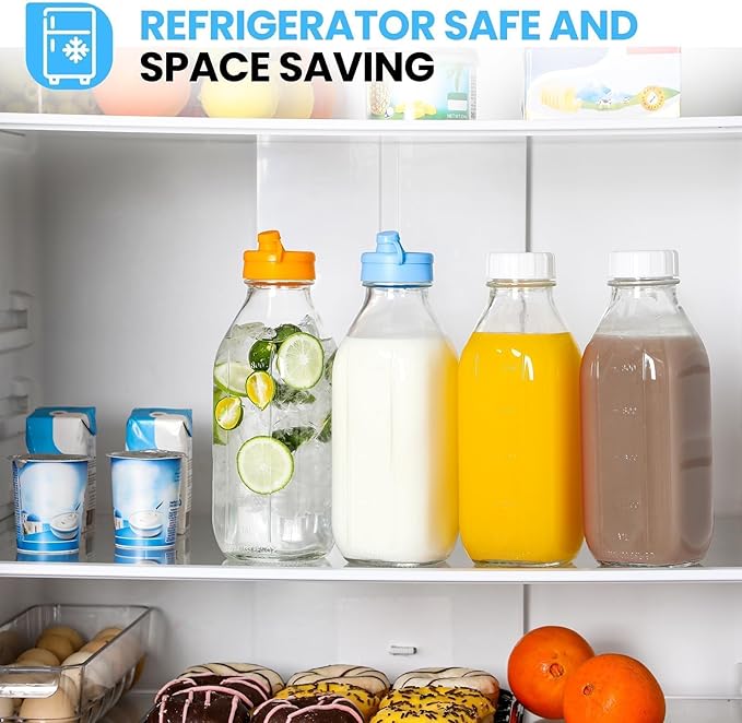 2 Pack 32 OZ Glass Milk Bottles with 2 Pour Spout Lids & 2 Nut Milk Bags & 2 Airtight Caps, Reusable Glass Bottles, Breast Milk Pitcher, Syrup, Honey, Water Jug, Juice Container for Refrigerator