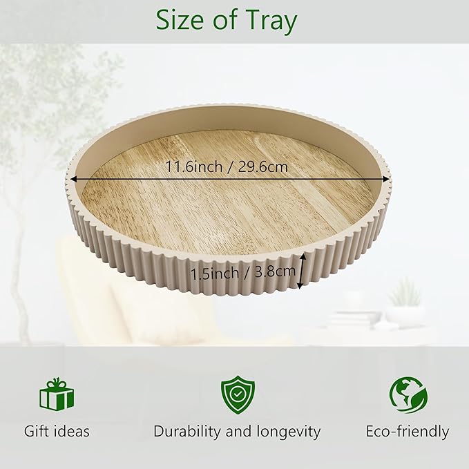 Round Decorative Tray for Coffee Table Decor, 11.8in Wood Decorative Serving Tray for Kitchen Counter,bandejas decorativas, Wooden Serving Tray for Party
