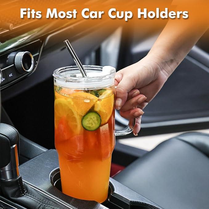 33oz Glass Tumbler with Lid and Straw, 4 Pack Glass Cup with Handle, Iced Coffee Cups, Thick Drinking Glasses Set, Clear Travel Mug for Hot and Cold Beverage, Drinks, Tea, Smoothie