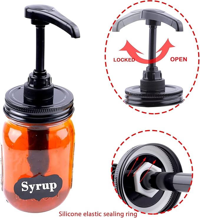 Mason Jar Syrup & Sauce Dispenser Pump Lids for Regular Mouth (2 Pack), Coffee Syrup Dispenser Pump Airtight & Leak-Proof Kitchen Food Grade (Jar Not Included)