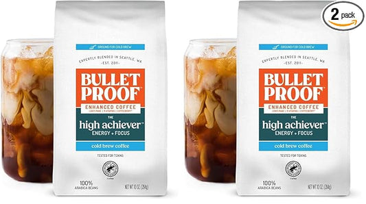Bulletproof The High Achiever Coarse Ground Cold Brew Coffee, 10 Ounces, Medium-Dark Roast Enhanced Coffee with Lion's Mane Mushroom, B Vitamins, and Adaptogens for Energy and Focus (Pack of 2)