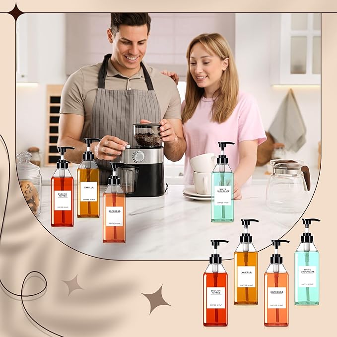 Nuogo 6 Pcs Coffee Syrup Dispenser Set 750ml, 500ml, 300ml, 150ml Pet Black Syrup Bottles with Pump Dispenser 27 Labels for Coffee Bar Kitchen Accessories Portable Travel(16.9 oz,Square)
