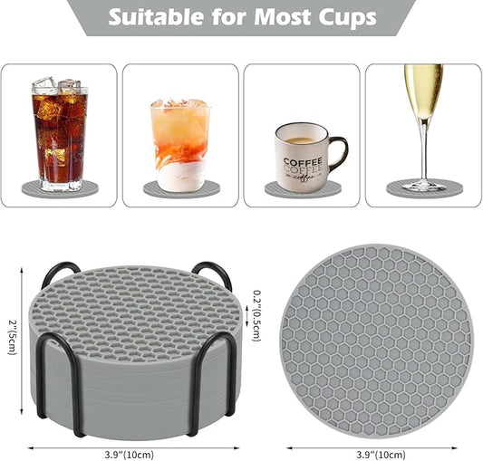 Silicone Coasters Set of 8 with Holder,Coasters for Drinks,Beer,Coffee Coasters,Suitable for Kinds Cups,Hot or Cold,Anti-SLI,Non-Stick,Anti-Overflow Tabletop Protection and Decor (8 Pcs, Gray)